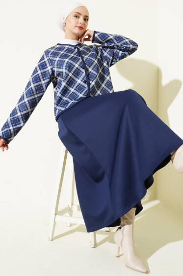 Ekoseli Ceketli Etekli Scuba Takım Lacivert - İkili Takım