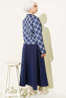 Ekoseli Ceketli Etekli Scuba Takım Lacivert - İkili Takım