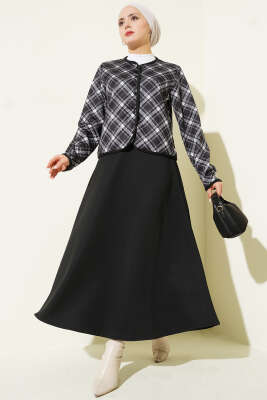 Ekoseli Ceketli Etekli Scuba Takım Siyah - TEGOE