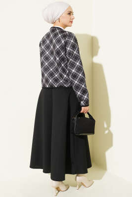 Ekoseli Ceketli Etekli Scuba Takım Siyah - İkili Takım