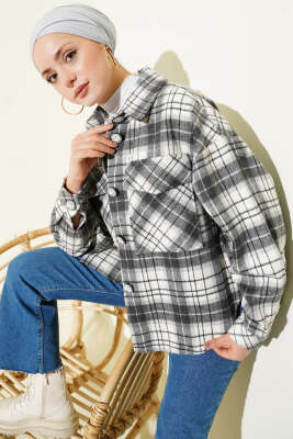 Ekoseli Cepli Kaşe Ceket Gri - ESTELLE