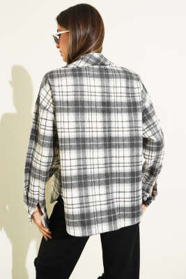 Ekoseli Cepli Kaşe Ceket Gri - Kadın Giyim Modelleri