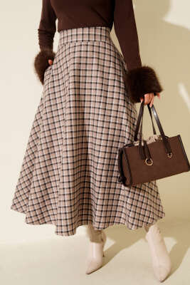 Ekoseli Cepli Kloş Etek Bej - VAV TEKSTİL