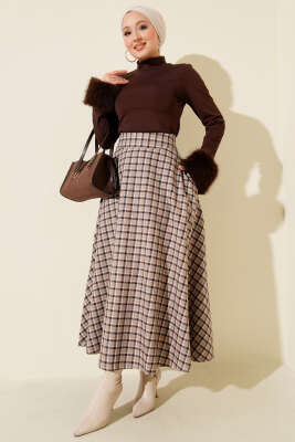 Ekoseli Cepli Kloş Etek Bej - Etek