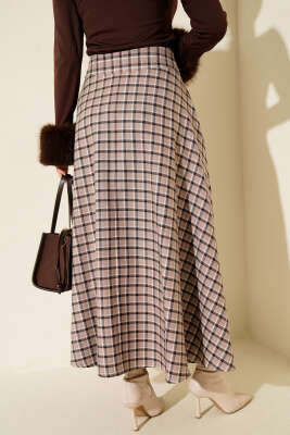 Ekoseli Cepli Kloş Etek Bej - Etek