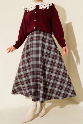 Ekoseli Cepli Kloş Etek Bordo - VAV TEKSTİL