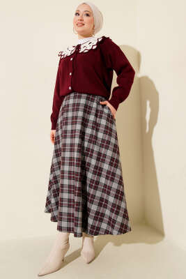 Ekoseli Cepli Kloş Etek Bordo - Etek