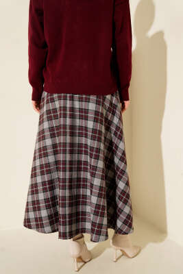 Ekoseli Cepli Kloş Etek Bordo - Etek