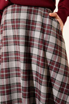 Ekoseli Cepli Kloş Etek Bordo - Etek