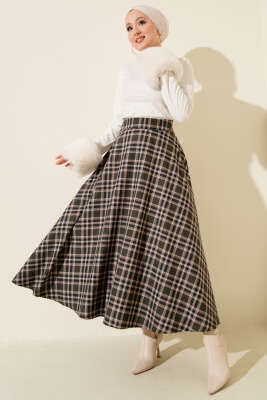 Ekoseli Cepli Kloş Etek Haki - Etek