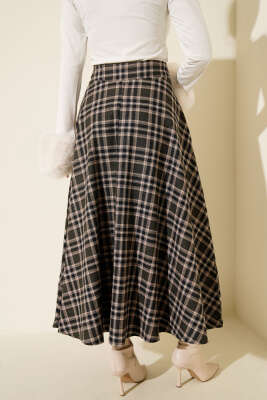 Ekoseli Cepli Kloş Etek Haki - Etek