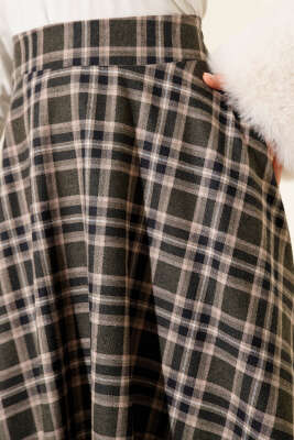 Ekoseli Cepli Kloş Etek Haki - Etek