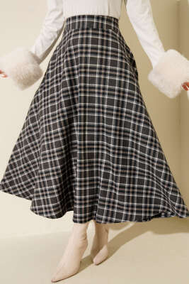 Ekoseli Cepli Kloş Etek Lacivert - VAV TEKSTİL