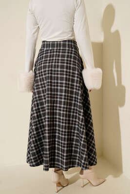 Ekoseli Cepli Kloş Etek Lacivert - Etek