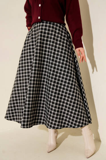 Ekoseli Cepli Kloş Etek Siyah - Etek