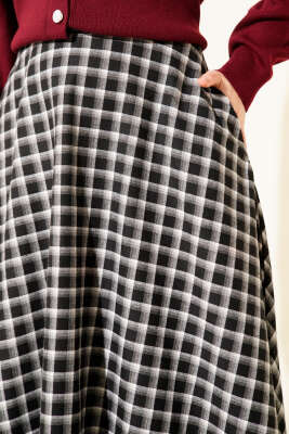 Ekoseli Cepli Kloş Etek Siyah - Etek