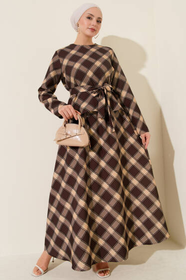Ekoseli Desenli Etekli Bluzlu Takım Kahve - İkili Takım