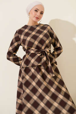 Ekoseli Desenli Etekli Bluzlu Takım Kahve - İkili Takım