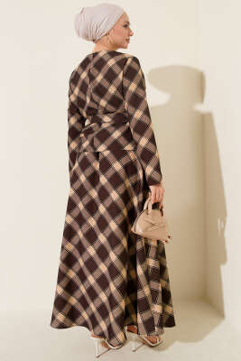 Ekoseli Desenli Etekli Bluzlu Takım Kahve - İkili Takım