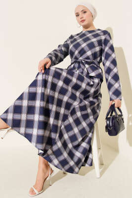 Ekoseli Desenli Etekli Bluzlu Takım Lacivert - BERAT TEKSTİL