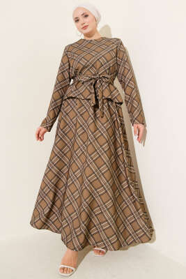 Ekoseli Desenli Etekli Bluzlu Takım Latte - BERAT TEKSTİL