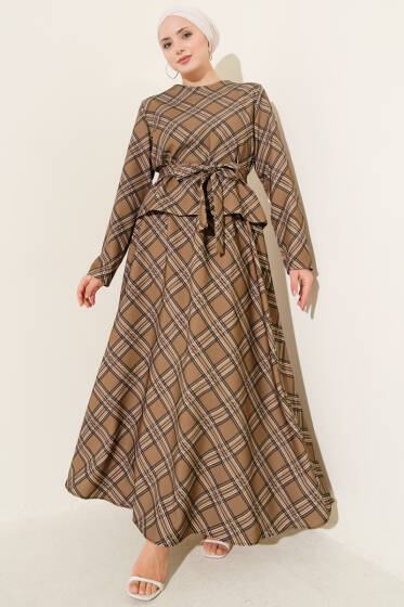 Ekoseli Desenli Etekli Bluzlu Takım Latte - İkili Takım