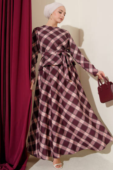 Ekoseli Desenli Etekli Bluzlu Takım Mürdüm - İkili Takım