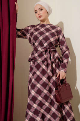 Ekoseli Desenli Etekli Bluzlu Takım Mürdüm - İkili Takım