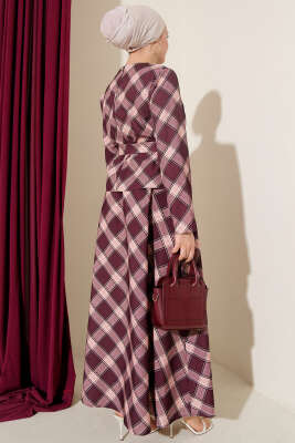 Ekoseli Desenli Etekli Bluzlu Takım Mürdüm - İkili Takım