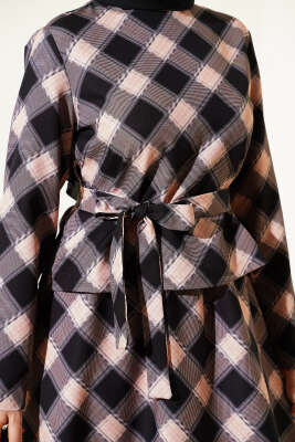 Ekoseli Desenli Etekli Bluzlu Takım Siyah - İkili Takım