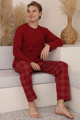 Ekoseli Düğmeli Erkek Pijama Takımı Bordo 