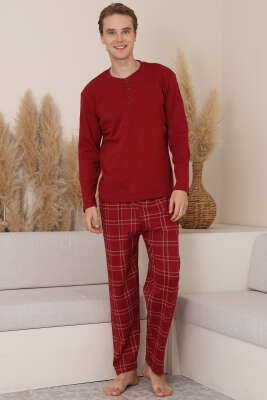 Ekoseli Düğmeli Erkek Pijama Takımı Bordo - Pijama