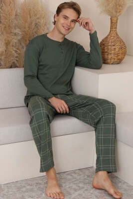 Ekoseli Düğmeli Erkek Pijama Takımı Yeşil - ERKEK PİJAMA