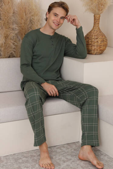 Ekoseli Düğmeli Erkek Pijama Takımı Yeşil - Pijama