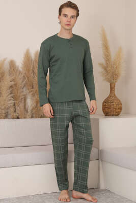 Ekoseli Düğmeli Erkek Pijama Takımı Yeşil - Pijama