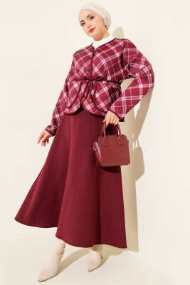 Ekoseli Düğmeli Scuba Etekli Takım Bordo - TABLO FASHİON