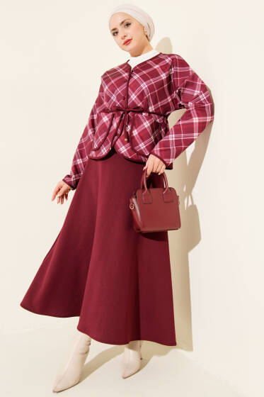 Ekoseli Düğmeli Scuba Etekli Takım Bordo - İkili Takım