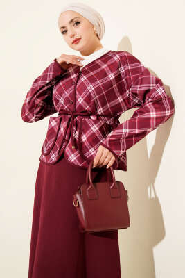 Ekoseli Düğmeli Scuba Etekli Takım Bordo - İkili Takım