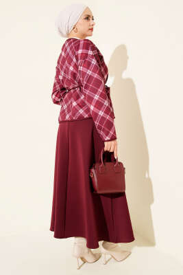 Ekoseli Düğmeli Scuba Etekli Takım Bordo - İkili Takım