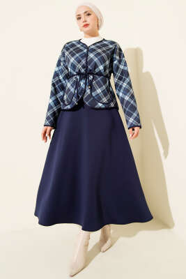 Ekoseli Düğmeli Scuba Etekli Takım Lacivert - TABLO FASHİON