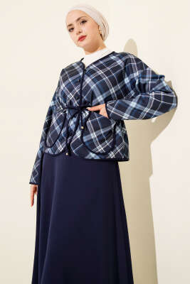 Ekoseli Düğmeli Scuba Etekli Takım Lacivert - İkili Takım