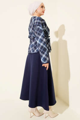 Ekoseli Düğmeli Scuba Etekli Takım Lacivert - İkili Takım
