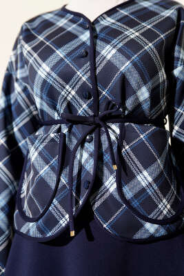 Ekoseli Düğmeli Scuba Etekli Takım Lacivert - İkili Takım