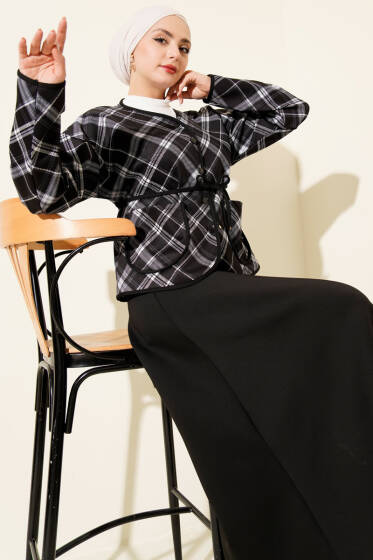 Ekoseli Düğmeli Scuba Etekli Takım Siyah - İkili Takım