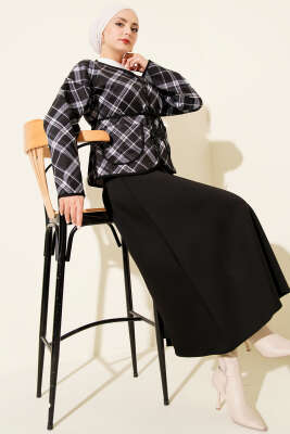 Ekoseli Düğmeli Scuba Etekli Takım Siyah - İkili Takım