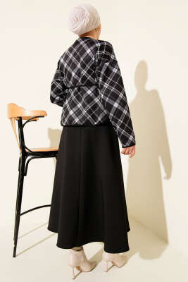 Ekoseli Düğmeli Scuba Etekli Takım Siyah - İkili Takım