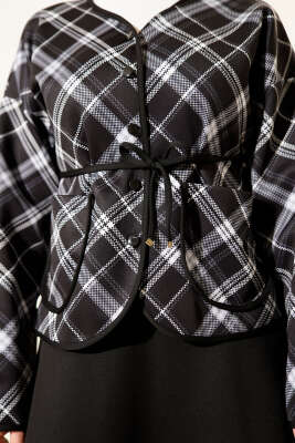 Ekoseli Düğmeli Scuba Etekli Takım Siyah - İkili Takım