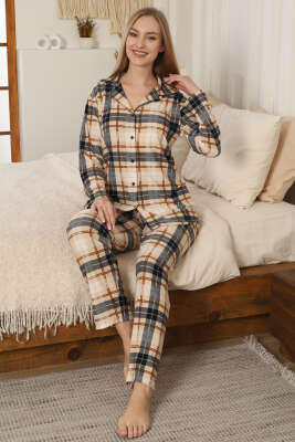 Ekoseli Düğmeli Süet Pijama Takımı Bej 