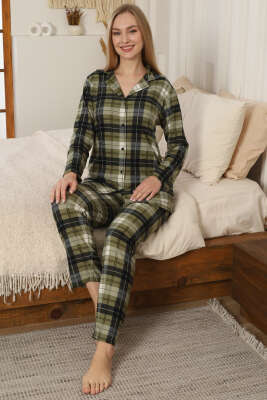 Ekoseli Düğmeli Süet Pijama Takımı Haki - Pijama