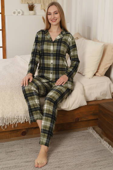 Ekoseli Düğmeli Süet Pijama Takımı Haki - Pijama